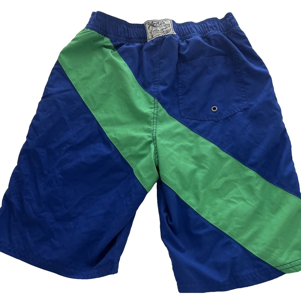 Boys Swimwear Sz L 14/16 Polo Ralph Lauren Logo Green Stripe Lined Stretch Retro